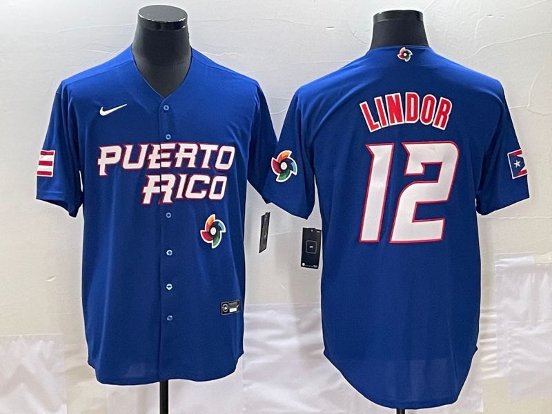 Men 2023 World Cub Puerto Rico #12 Lindor Blue Nike MLB Jersey9->more jerseys->MLB Jersey